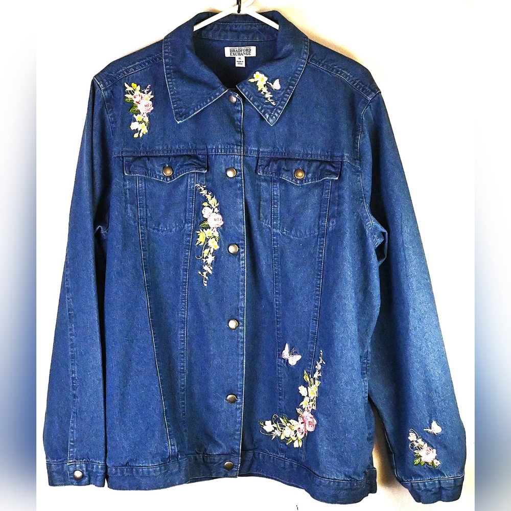 Bradford Exchange XL Women's Denim Jacket with Embroidered Flowers Chic Fun Boho